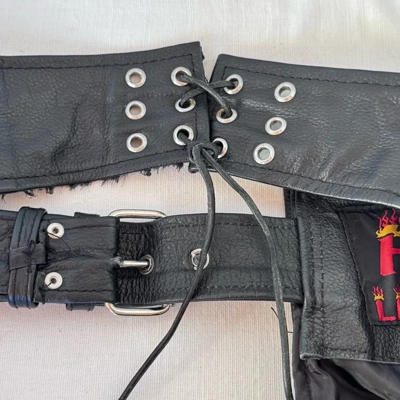 Black Leather Chaps Silver Studs Hot Leather Harley Moto Women’s Sz Small - Picture 4 of 16